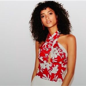 Beautiful white/red floral cropped halter